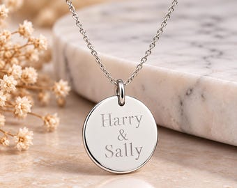 Personalised 925 Sterling Silver Disc Necklace, Custom Engraved Heart Pendant, Jewellery for Her, Anniversary Gift, Birthday Gift