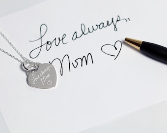 Engraved Handwriting Heart necklace. Sterling Silver. Signatures. Hand Written Notes and Messages.
