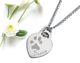 Actual Paw Print Engraved Heart Necklace.  Memorial Keepsake for Pet Lovers.