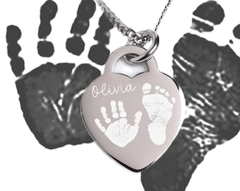 Personalised Engraved Hand and Footprint Silver Heart Necklace / Pendant.