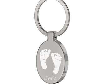 Engraved Handprint / Footprint oval Keyring.  Personalised new baby gift.
