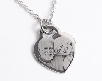 Photo Engraved Heart Necklace.  Personalised Picture Pendant. Anniversary - Wedding - Memorial Gift.