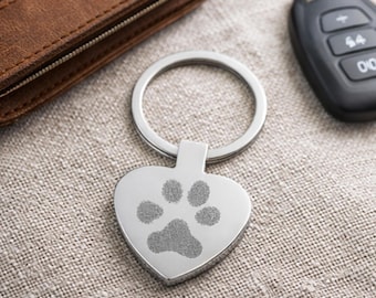 Engraved Actual Paw Print Heart Keyring - Personalised Pet Memorial Keepsake