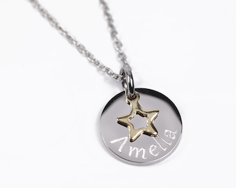Personalised Silver name necklace with gold star charm. Custom engraving.