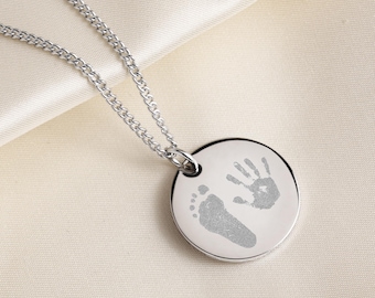 Actual Handprint / Foot Print Engraved  Disc Necklace. Gift for new Mum. Keepsake. Memorial Jewellery