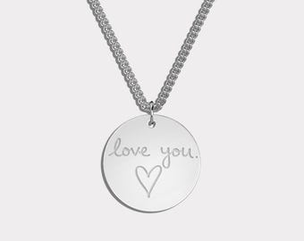 Handwriting Silver Disc Necklace.  Engraved hand written notes, Signatures. Keepsake Jewellery