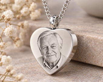 Photo engraved Heart Cremation Urn Necklace.  Personalised Ashes Memorial Jewellery.  Free engraving both sides.