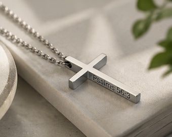 Custom Engraved Men's Cross Necklace, Personalised Stainless Steel Cross Pendant, Baptism, Confirmation, First Communion.