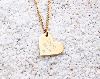 Engraved actual handwriting gold heart necklace. Signatures. Handwritten notes. Memorial. Keepsake.