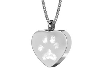 Actual Pet Paw print Heart Cremation Urn Necklace.  Dog, Cat Memorial Jewellery. Engraved Keepsake.
