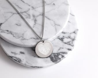Actual Fingerprint Engraved Disc Necklace. Circular with Heart. Memorial Gift. Fingerprint Jewellery