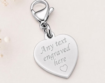 Personalised Heart Charm with Lobster Clasp. Any text engraved. Names, Dates.
