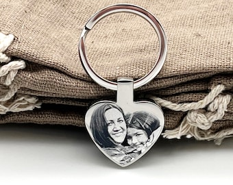 Photo and text Engraved Heart Keyring. Personalised Gift