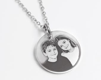 Custom Photo Engraved Necklace, Personalised Picture Pendant, Stainless Steel Disc Pendant, Keepsake Jewellery, Memorial Remembrance Gift