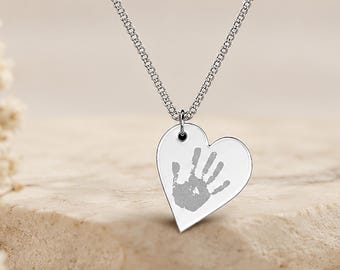Personalised Hand Print Hanging Heart Necklace. Engraved with actual, hand, foot and Paw Prints. Custom Memorial & Keepsake Jewellery