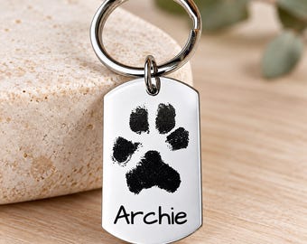 Personalised Actual Dog Paw Print Keyring. Custom engraved with Print and name. Stainless Steel Pet Keepsake.