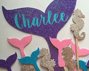 Mermaid Tail Cake Topper with Name Purple and Turquoise