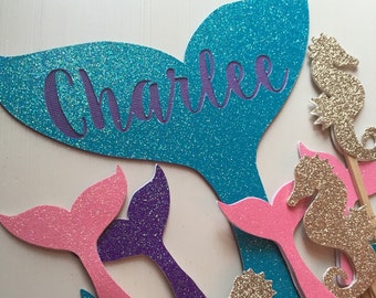 Mermaid Tail Cake Topper with Name Turquoise and Purple