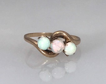 Vintage Opal Ring, 10k Art Nouveau, Edwardian Style 3 Stone Ring