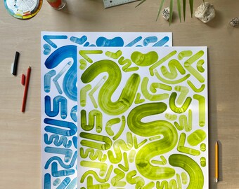 Limited Edition Squiggle Screen Print 24" x 18" - Blue or Green - Unframed - Big Dreams, Big Worries