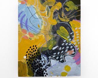 May include: Abstract painting with yellow, black, blue, and white paint. The painting has a variety of shapes and textures, including dots, swirls, and lines.