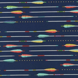 May include: A navy blue background with a repeating pattern of colorful arrows with white shafts and gold accents. The arrows are arranged in a diagonal pattern.