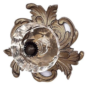 May include: A decorative cabinet knob with a gold-tone metal base and a clear crystal knob. The base features a floral design.