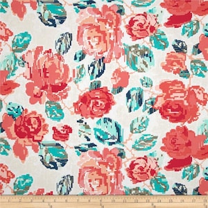 May include: White fabric with a repeating pattern of pink and red roses with teal and navy blue leaves. The fabric has a textured, woven look.