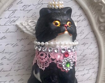 Memorial Cat Christmas glass ornament "Miss Priss" Victorian inspired cat with hand Sculpted clay Angel Wings Personalized gift