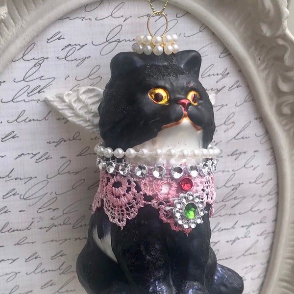 Memorial Cat Christmas glass ornament "Miss Priss" Victorian inspired cat with hand Sculpted clay Angel Wings Personalized gift