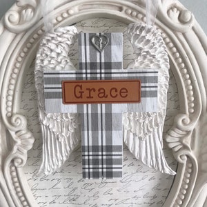 Cross Angel Wings Handmade Farmhouse style unique wall decor wood painted cross “ Grace” handmade unique Precious Wings by Pam