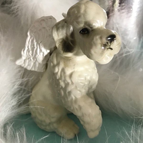 Unique Vintage Porcelain Poodle from Japan with hand sculpted Angel Wings Dog memorial poodle Angel