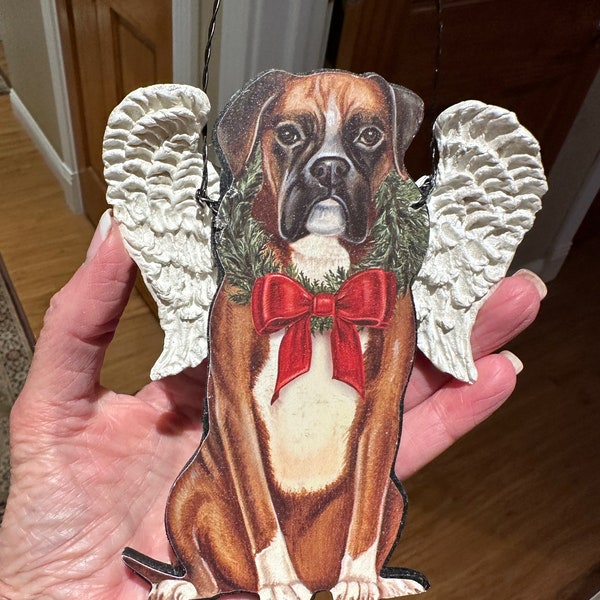 Unique Boxer Dog Christmas ornament with Hand Sculpted angel wings