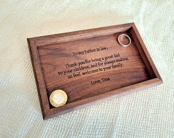 Walnut Wood Tray - Engraved Key or Ring Dish, Bedside or Desk Tray, Wedding Gift Father of the Bride Groom Dad FIL Mom, Valentine's Gift