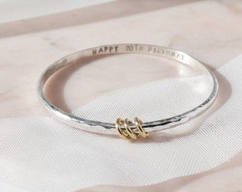 20th 30th 40th Personalised Sterling Silver Milestone Bangle: Gold Filled Rings, Custom Message