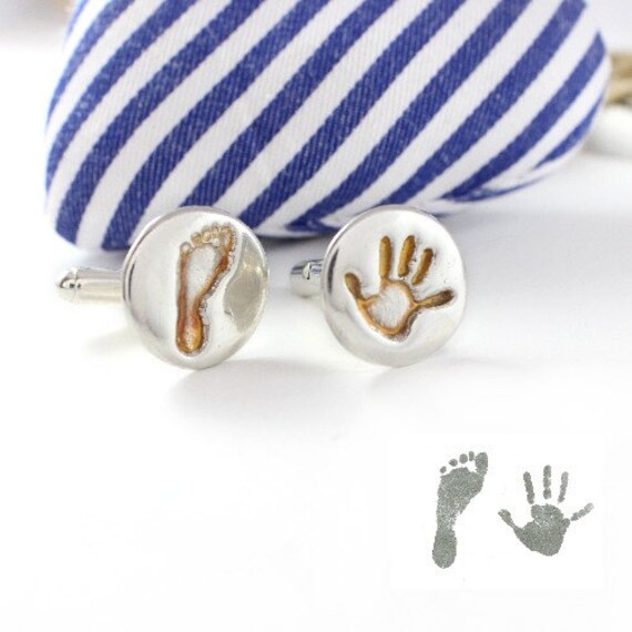 Round Silver Handprint Footprint Cufflinks Personalised Silver