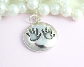 Silver Handprint Pebble Pendant - Hand Print Jewellery - Footprint Necklace  - Custom Baby Keepsake - Family Necklace - Gift for Mum  -