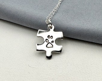 Personalised Jigsaw Silver Paw Print Necklace - Missing Puzzle Piece Jewellery -  Your Pets True Paw Print Scaled Down to Fit The Silver