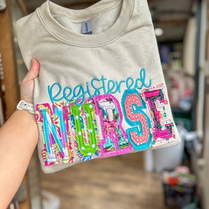 Funky raggy appliqued sweatshirt- registered NURSE- customizable colors, RN