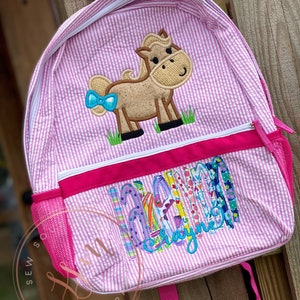 Horse with bow Seersucker Backpack, Diaper Bag, appliqued name