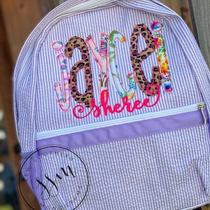 Appliqued name Seersucker Backpack, Diaper Bag with cheetah fabric