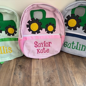 Simple, classic Tractor Seersucker Backpack, Diaper Bag.