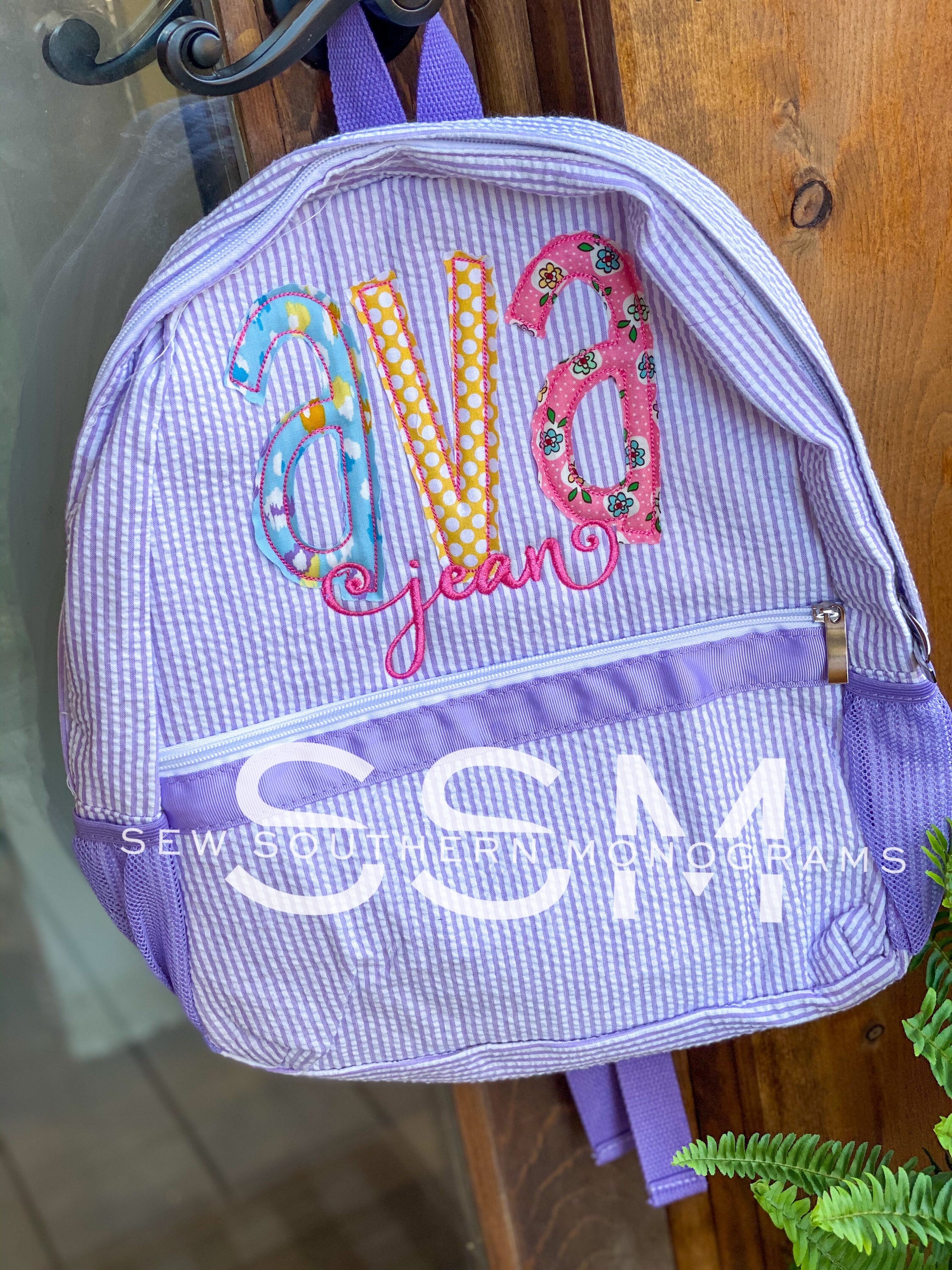 Appliqued name Seersucker Backpack Diaper Bag | Etsy