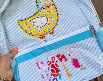 Chicken appliquéd Seersucker Backpack, Diaper Bag,