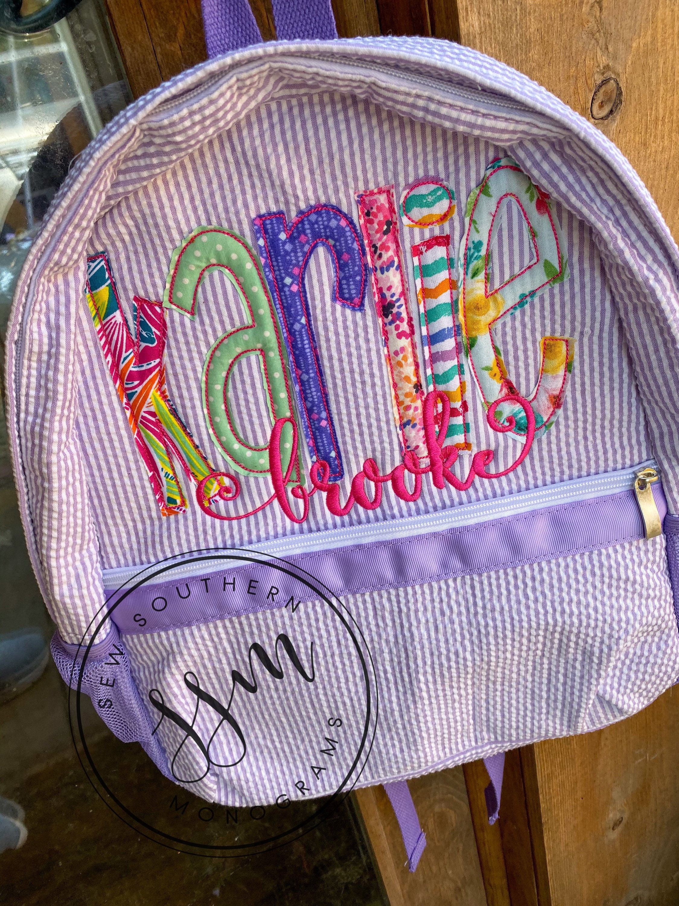 Appliqued name Seersucker Backpack, Diaper Bag,