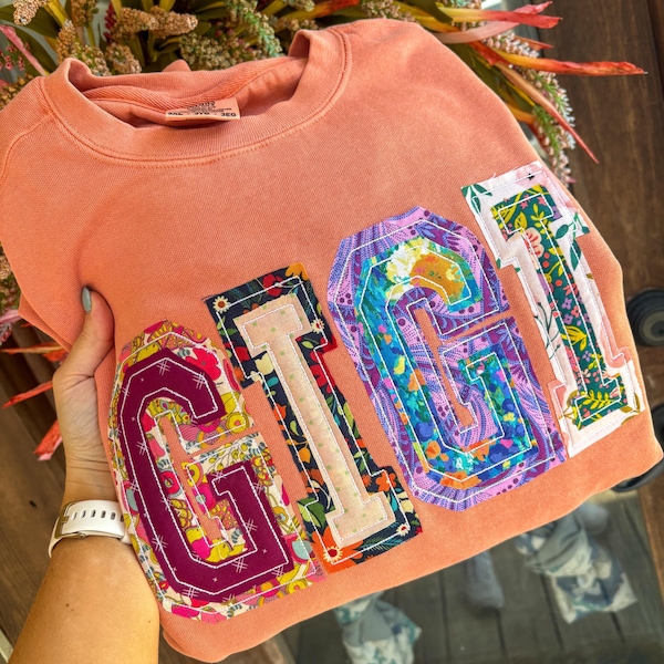 Funky raggy appliqued sweatshirt- school spirit- fun colors