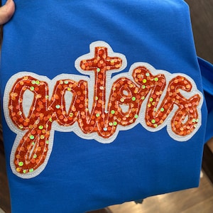 Puede incluir: Sudadera azul real con la palabra "Gators" en lentejuelas naranjas. La palabra está delineada en blanco con una cruz encima de la "G". La sudadera está doblada.
