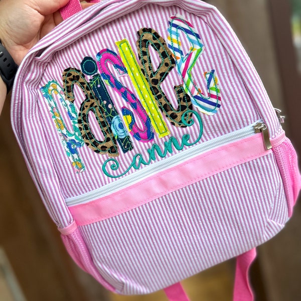 Appliqued name Seersucker Backpack, Diaper Bag with cheetah fabric- TODDLER SIZE