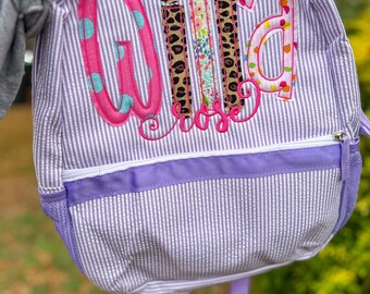 Appliqued name Seersucker Backpack, Diaper Bag with cheetah fabric