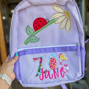 Appliqued name Seersucker Backpack, Diaper Bag- ladybug with daisy - girly